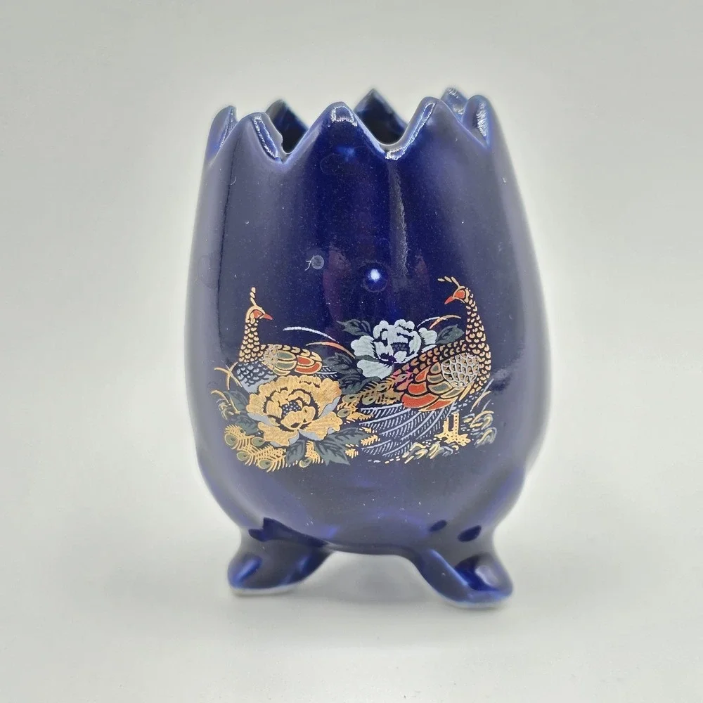 Cobalt Blue Oriental Tripod Toothpicks Holder Bud Vase Peacock Motif‎ 2.5